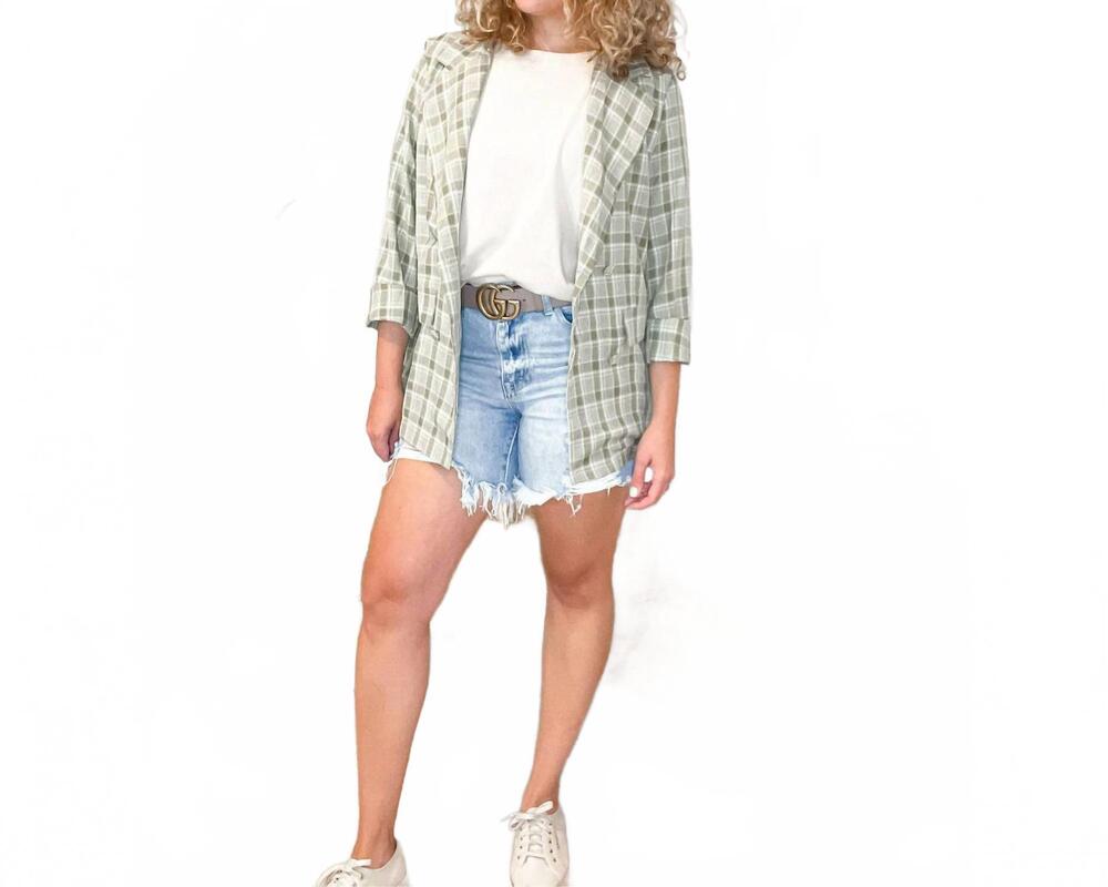 NEW LENA nora plaid oversized double breasted blazer in light olive/white